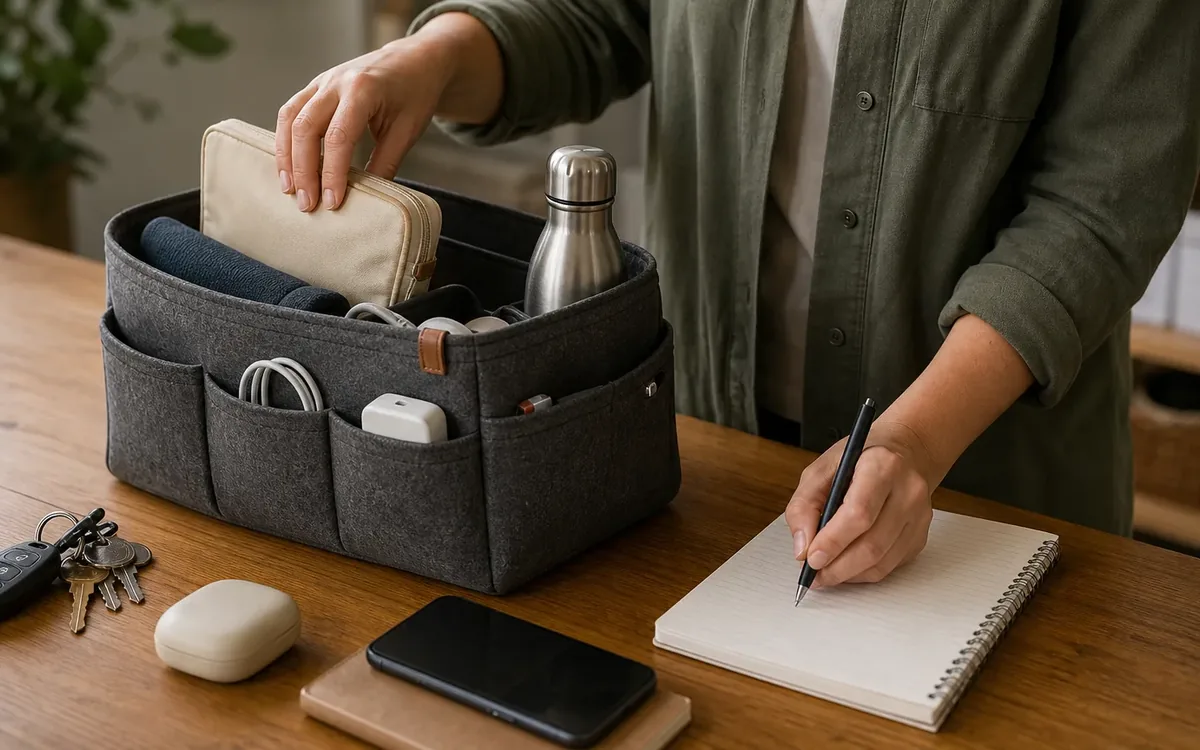 Hands organizing household items while planning build a portable daily-essentials system