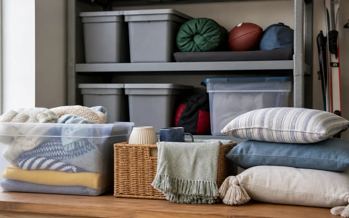 A clear bin of folded blankets, a wicker basket, and stacked pillows sit in front of shelves holding storage bins and sports gear.
