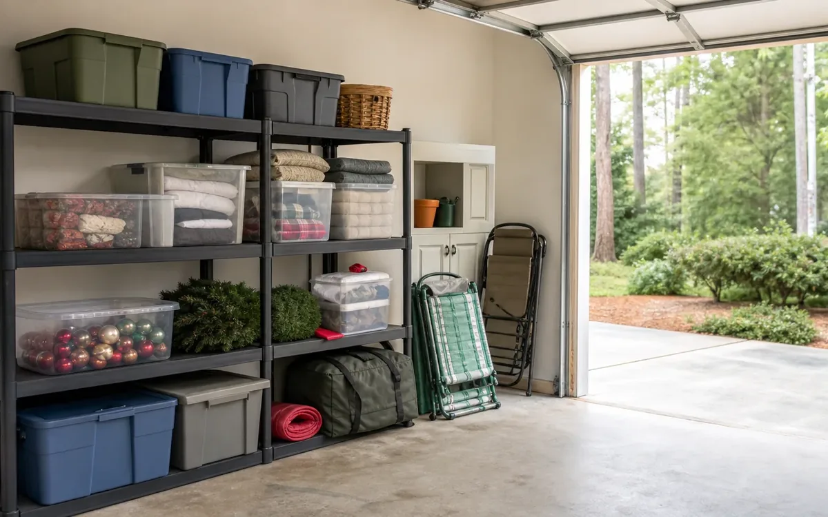 Garage shelves hold lidded bins of folded linens and holiday ornaments, with folded chairs and rolled mats stored nearby.