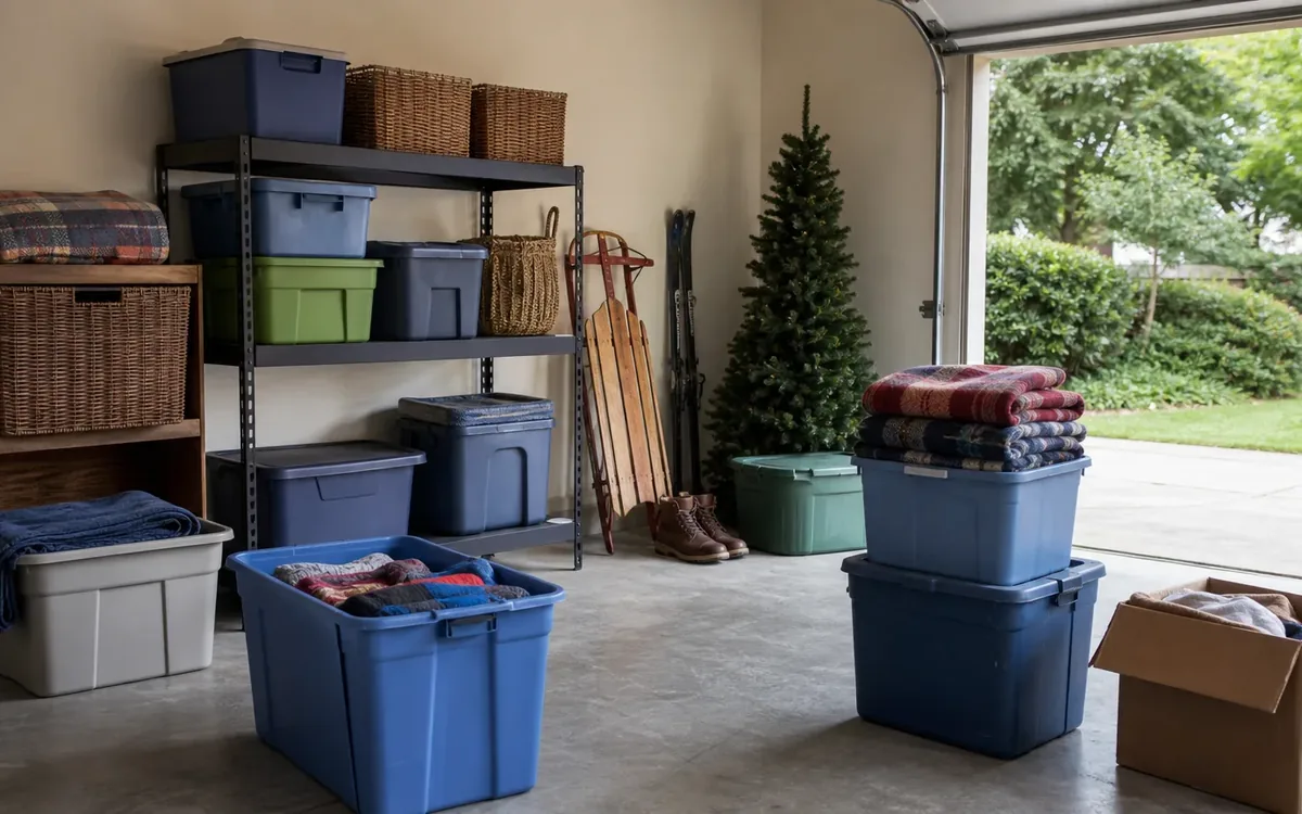 Garage shelves hold storage bins and wicker baskets beside an artificial Christmas tree, sled, folded blankets, and boxes.