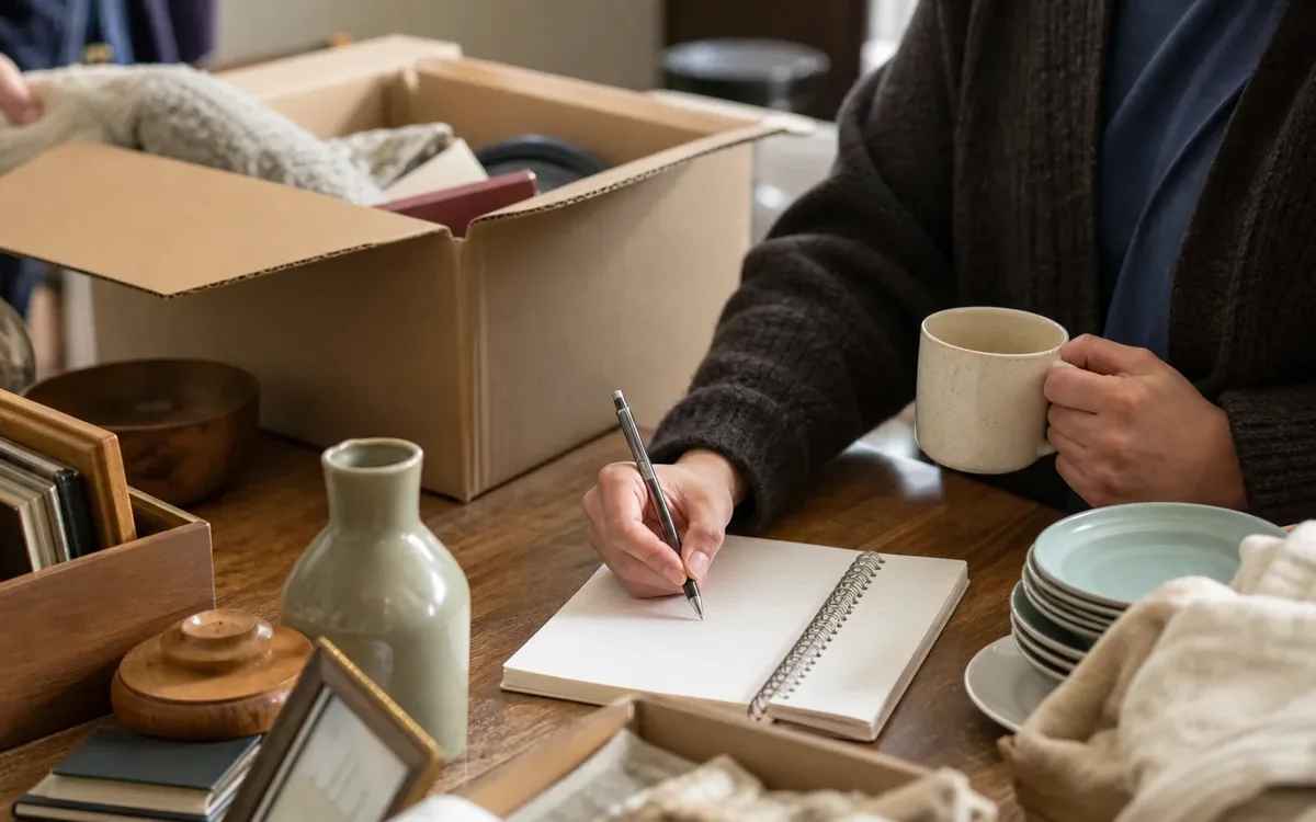 Hands organizing household items while planning what should an estate removal log include?