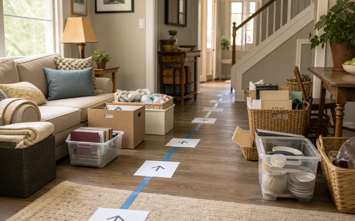 Labeled household belongings and a clear room path for build a tracker that shows dependencies