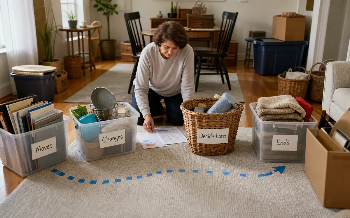 Labeled household belongings and a clear room path for step 3: decide whether each entry moves, changes, or ends