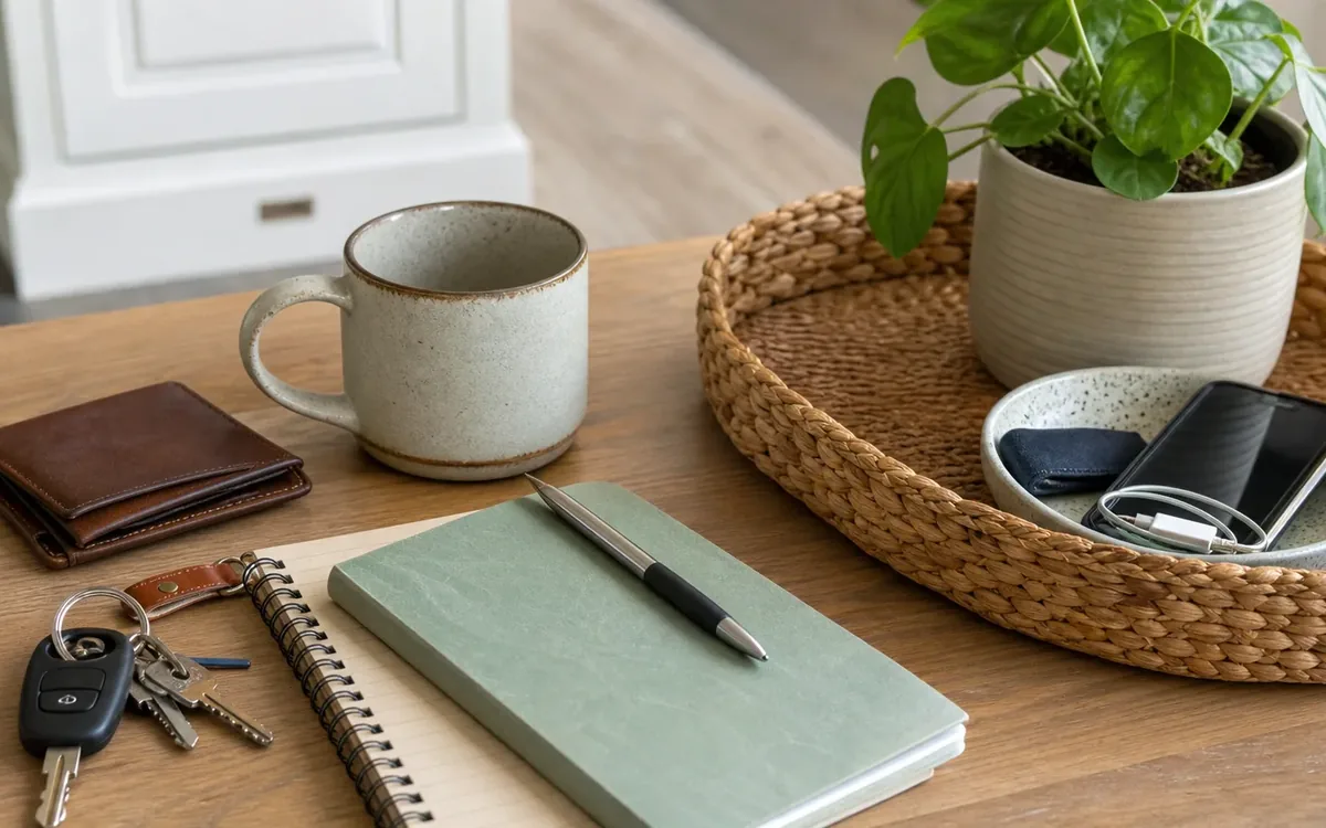 A wooden table holds keys, a wallet, a mug, stacked notebooks and a pen beside a woven tray with a potted plant and phone.