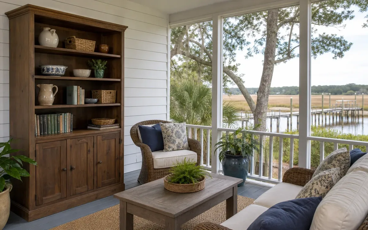A wooden cabinet displays books, pottery and baskets beside wicker seating on a screened porch overlooking water and a dock.
