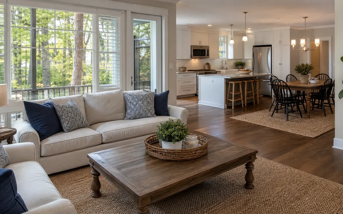 Open-plan living room with cream sofas and a wooden coffee table beside a kitchen island and dining area.