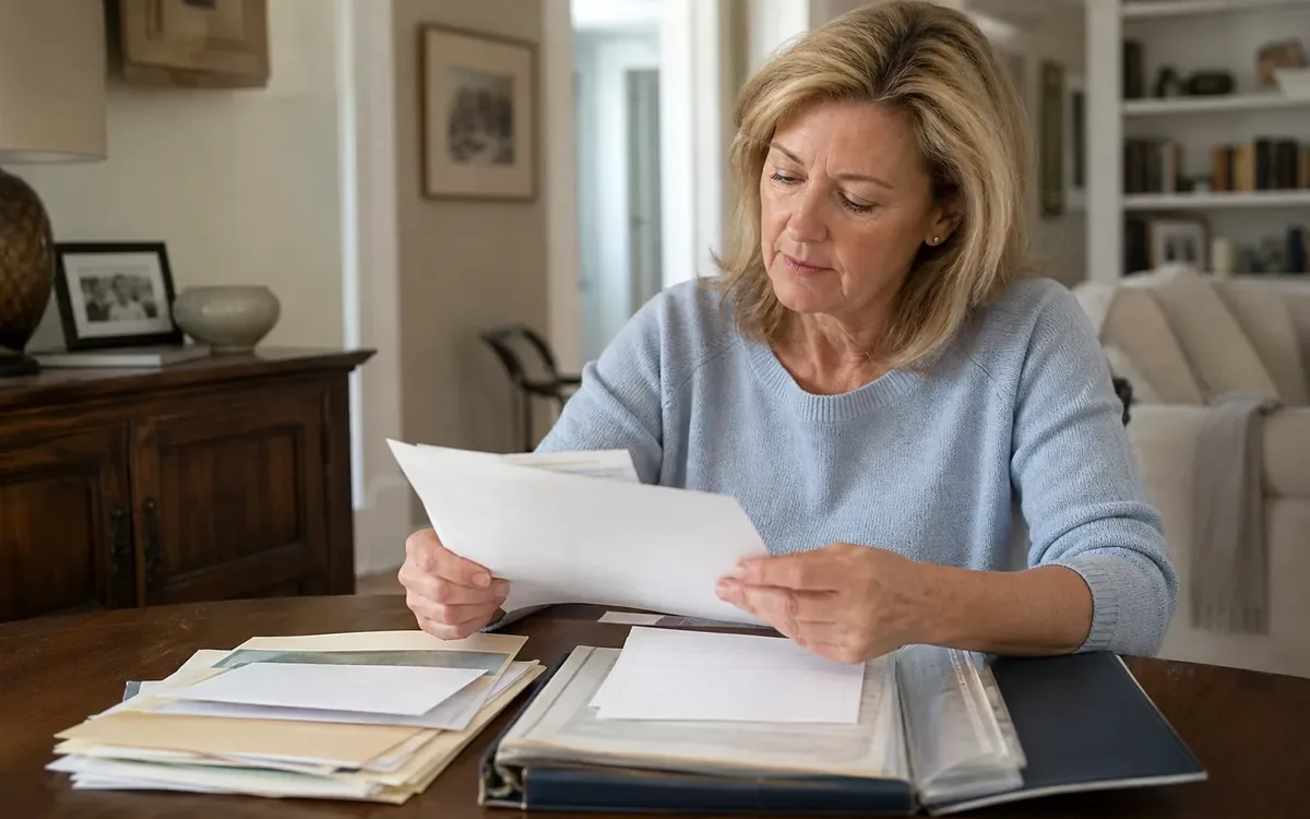 A woman reviews loose papers at a wooden table with stacked envelopes and an open binder of documents in a living room.