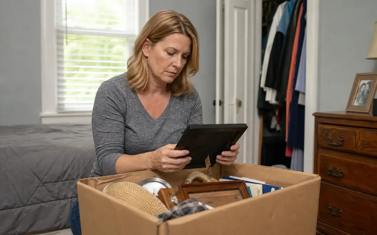 A woman examines a picture frame beside a cardboard box filled with frames, papers, and household items in a bedroom.