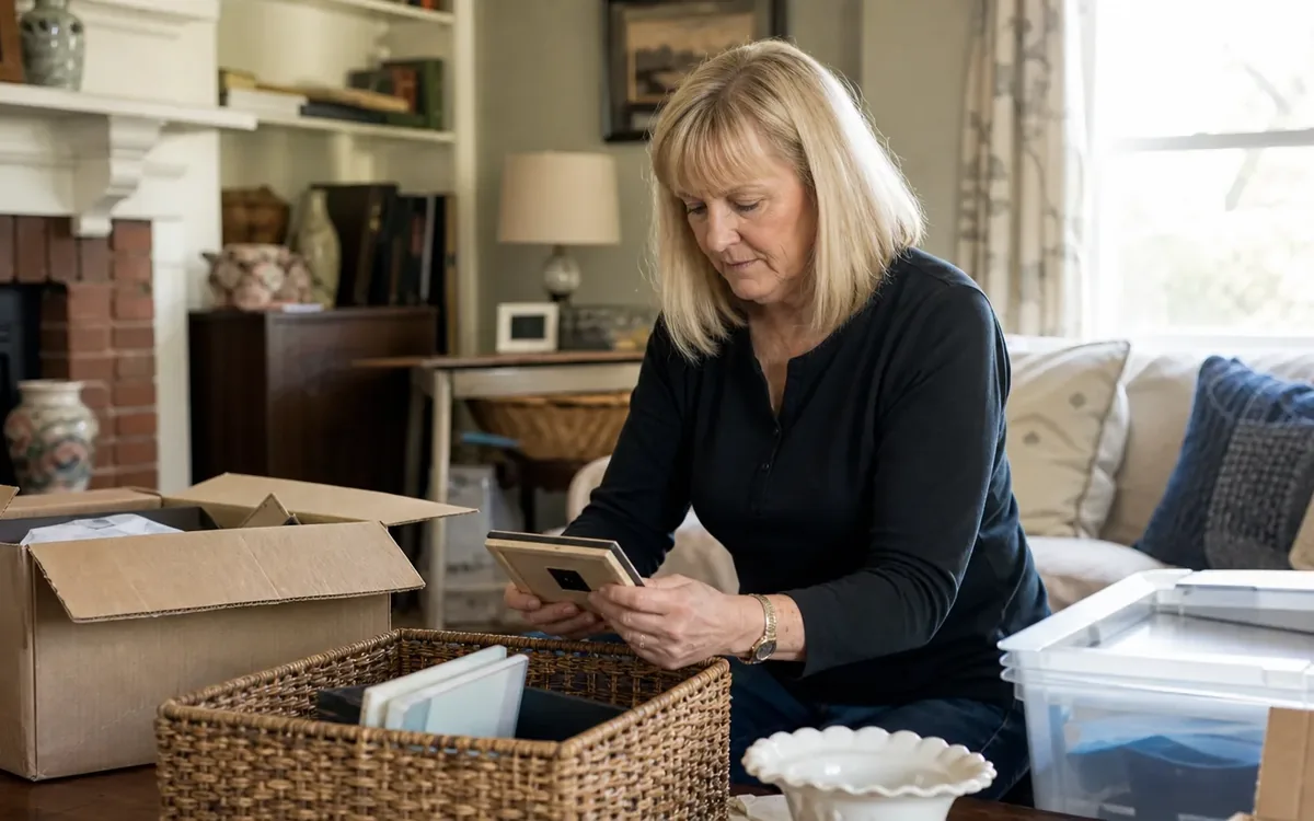 A woman examines a small picture frame beside a cardboard box, a wicker basket of frames, and a clear storage bin in a living room.