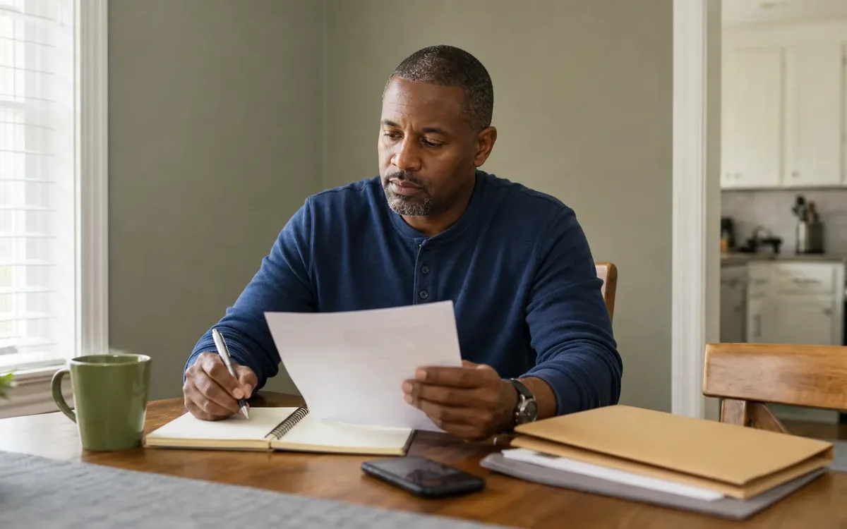 Man reviews a sheet of paper and takes notes at a table with folders, a phone, and a mug.