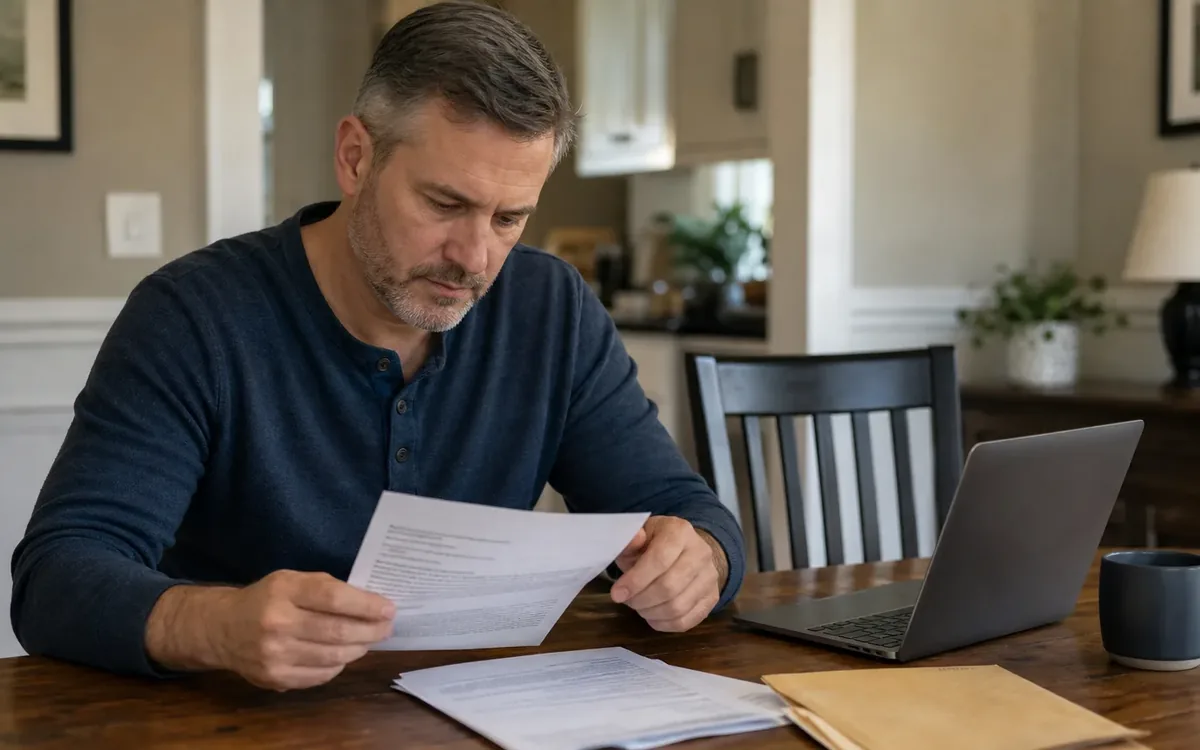 Man reviews official-looking paperwork beside a laptop and envelope at a dining table in his home.