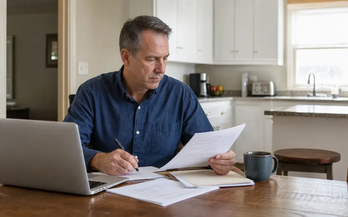 Man reviewing property paperwork beside a laptop at a kitchen table, suitable for researching code jurisdiction.