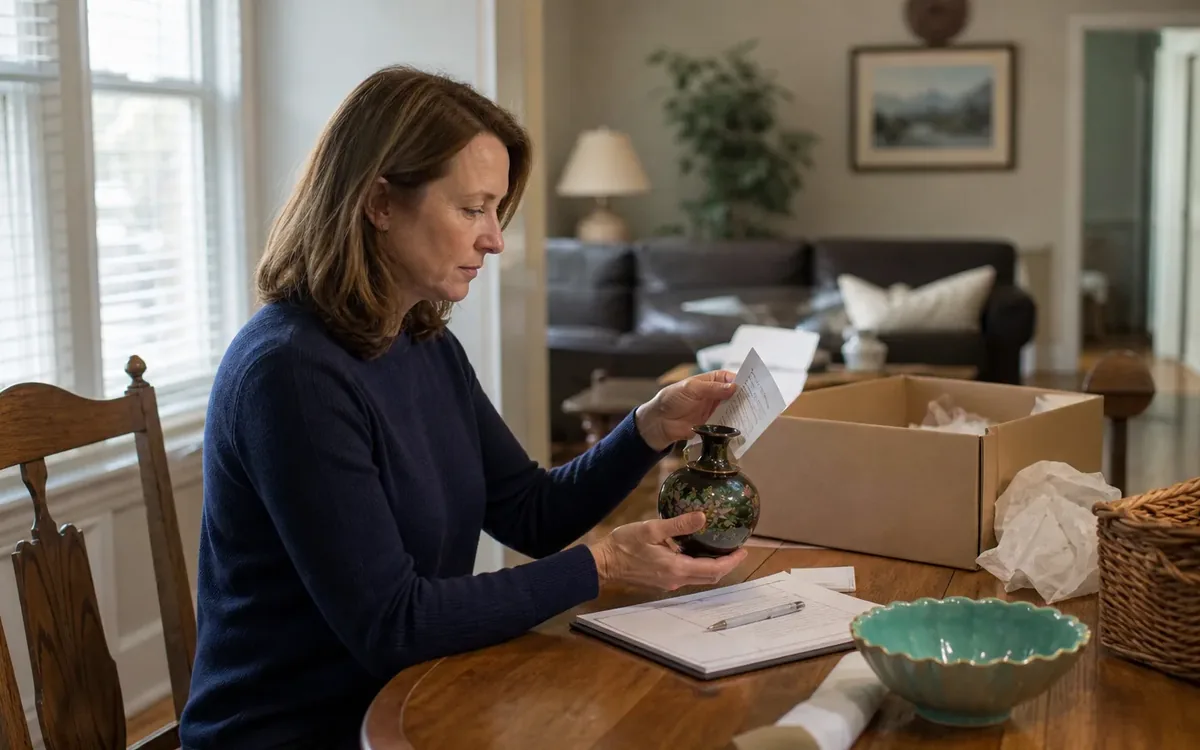 A woman holds a small decorative vase and a paper at a wooden table with a notebook, packing box, tissue paper, and bowl.