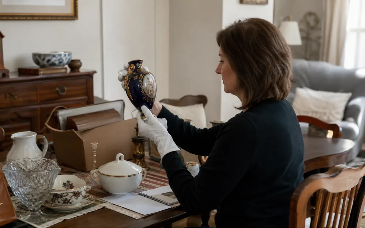 A woman wearing white gloves examines a decorated blue vase at a dining table covered with china, glassware, and a notebook.