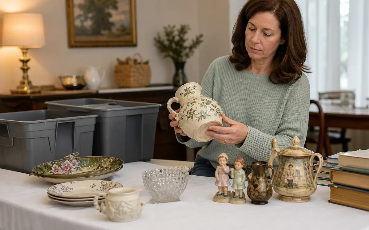 A woman examines a floral ceramic pitcher at a table with plates, figurines, a glass bowl, decorative vessels, books, and storage bins.