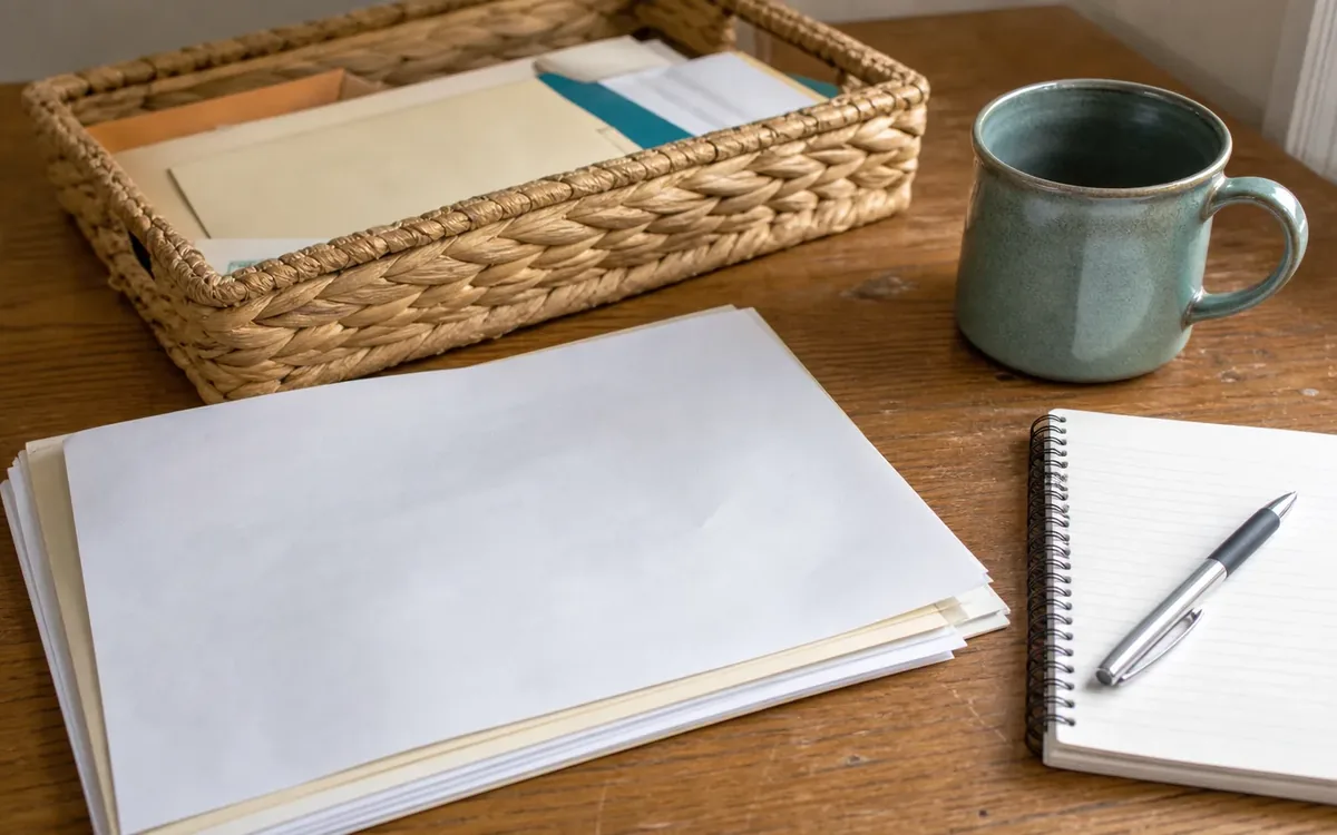 Blank papers, a spiral notebook with pen, a mug, and a woven mail tray arranged on a wooden desk.