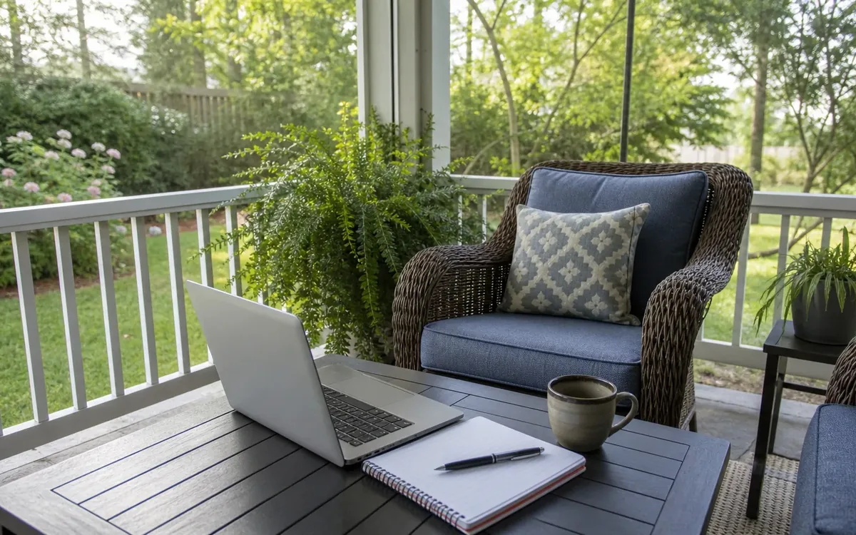 Open laptop, notebook, pen, and coffee mug on a porch table, ready for contacting the office about a property notice.