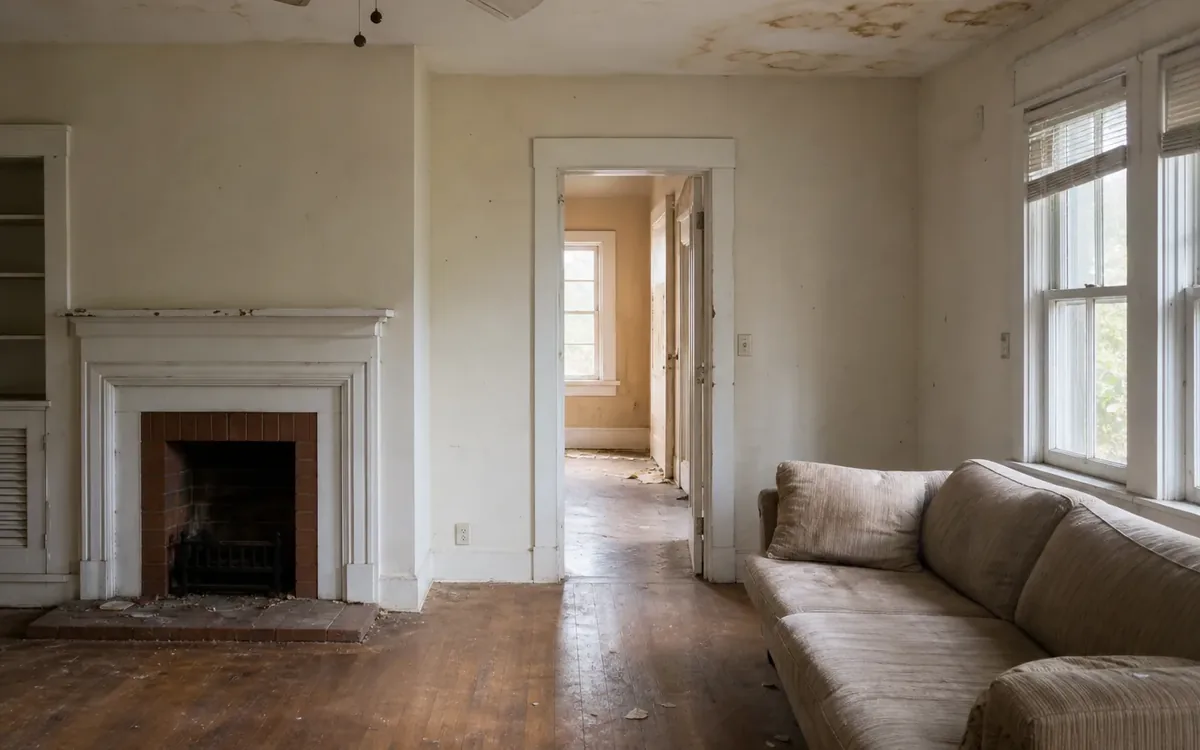 Neglected living room with a stained ceiling, worn wood floor, fireplace, old sofa, and empty adjoining rooms.