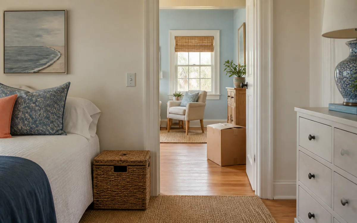An organized living room with carefully sorted belongings for a Charleston, SC guide answering "Is it best to declutter one room at a time"