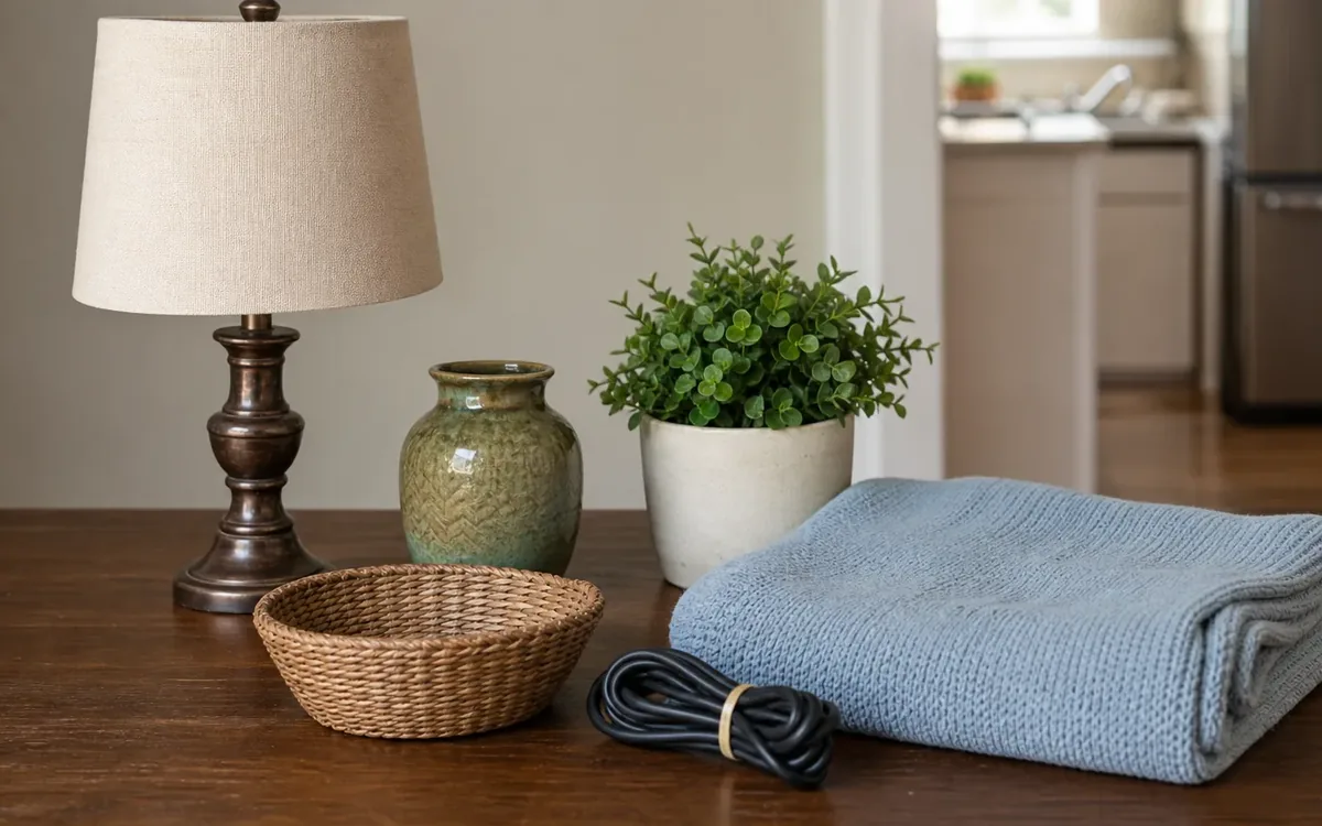 Lamp, vase, potted plant, woven basket, cable, and folded blue blanket arranged on a table.