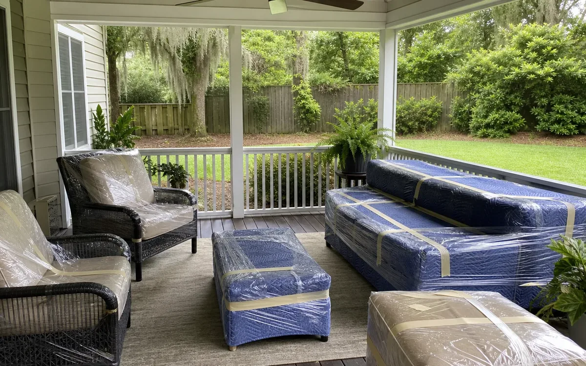 Patio chairs, sofa, ottoman, and table wrapped in protective plastic and secured with tape.
