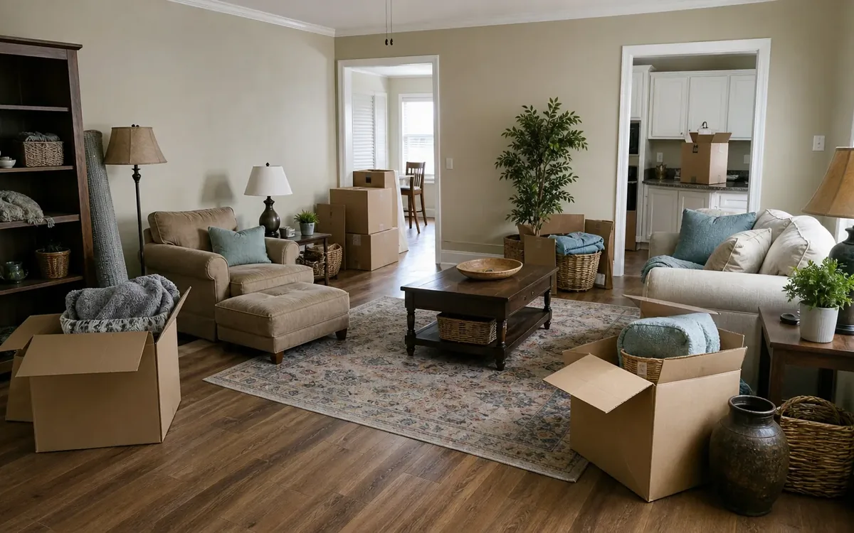 Living room with sofas, shelving, lamps, decor, and open moving boxes suggesting items left during a home sale.
