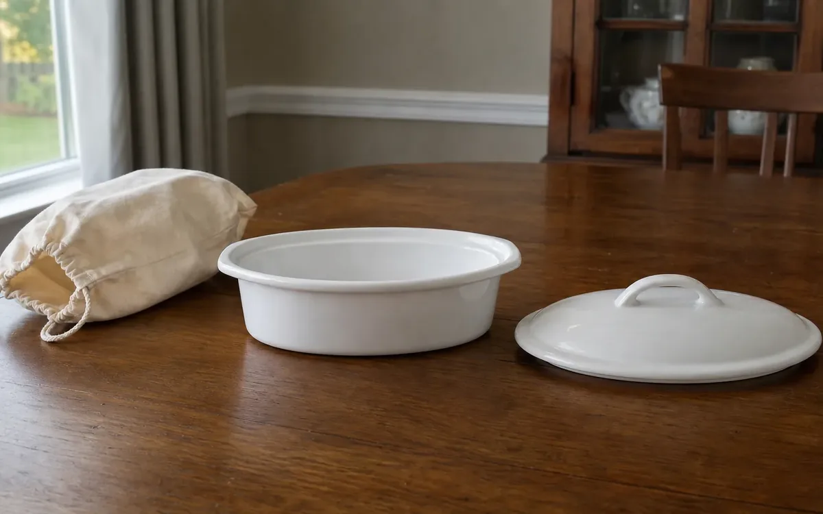 A white serving dish sits beside its separate matching lid and a cream drawstring cloth pouch on a wooden dining table.