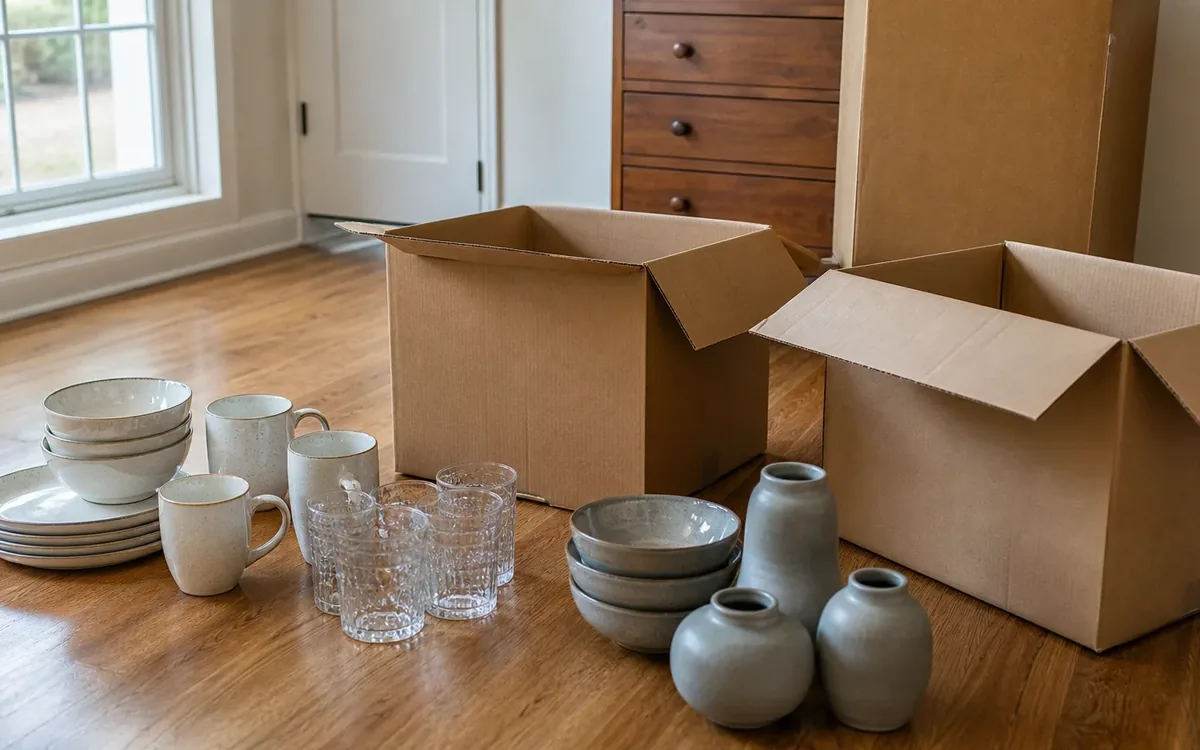 Two open cardboard boxes sit on a wooden floor beside stacked plates and bowls, mugs, drinking glasses, and three ceramic vases.