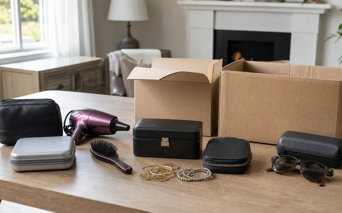 Open cardboard boxes stand behind zippered cases, a jewelry box, a hair dryer, a hairbrush, jewelry and sunglasses on a wooden table.