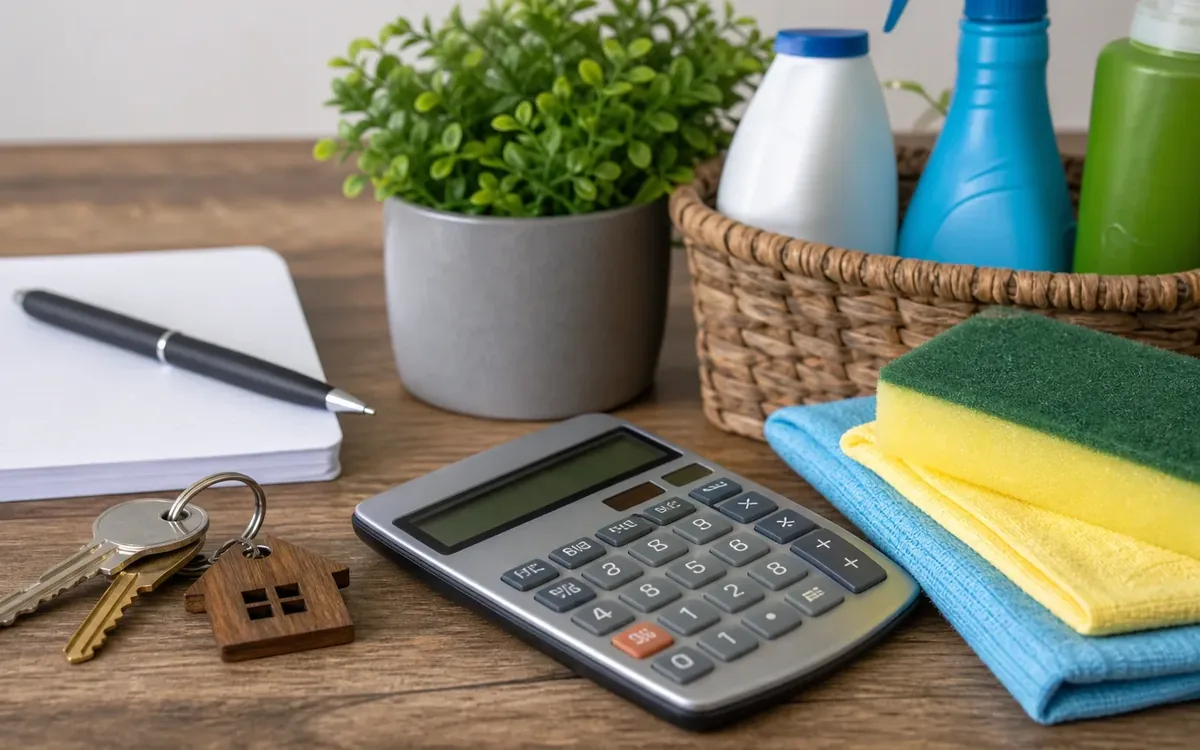 Calculator, rental keys, notepad, cleaning bottles, sponges, and cloths arranged on a wooden table.