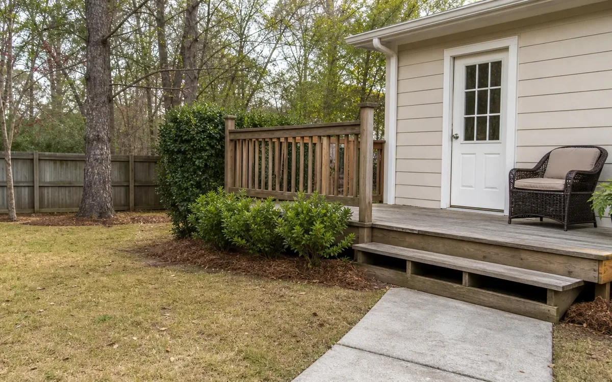 Back entry with a white door, wooden deck, chair, potted plant, concrete path, fenced yard, and shrubs.
