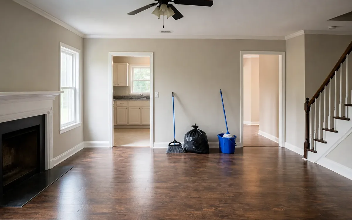 Empty rental home interior with a trash bag, broom, dustpan, and cleaning bucket ready for cleanup.