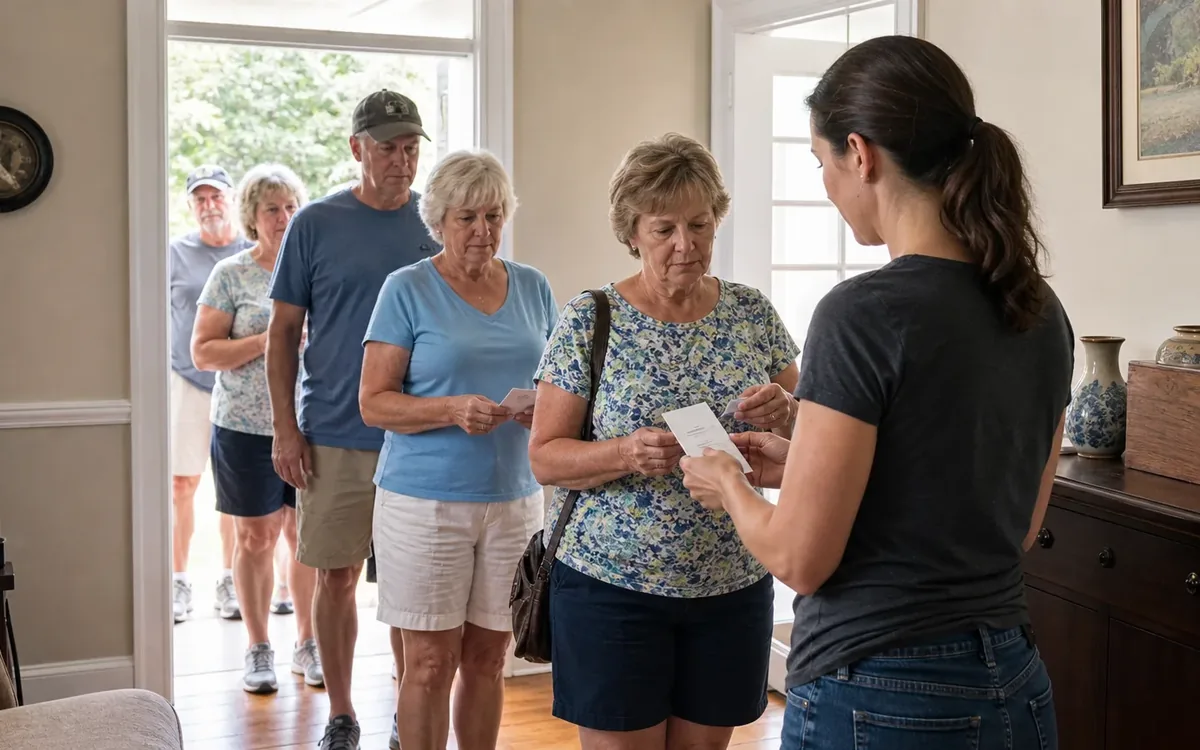 An estate sale worker checks a numbered slip as older shoppers wait in a line at the doorway.