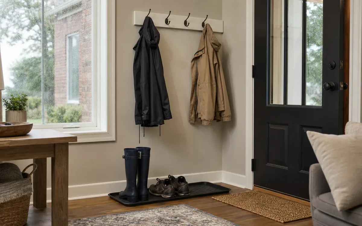 Raincoats, rubber boots, and shoes arranged beside a black front door in a tidy home entryway.