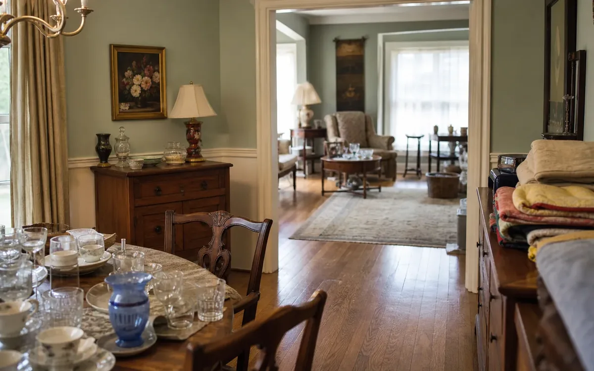 Dining and living rooms filled with glassware, dishes, furniture, decor, and neatly stacked linens.