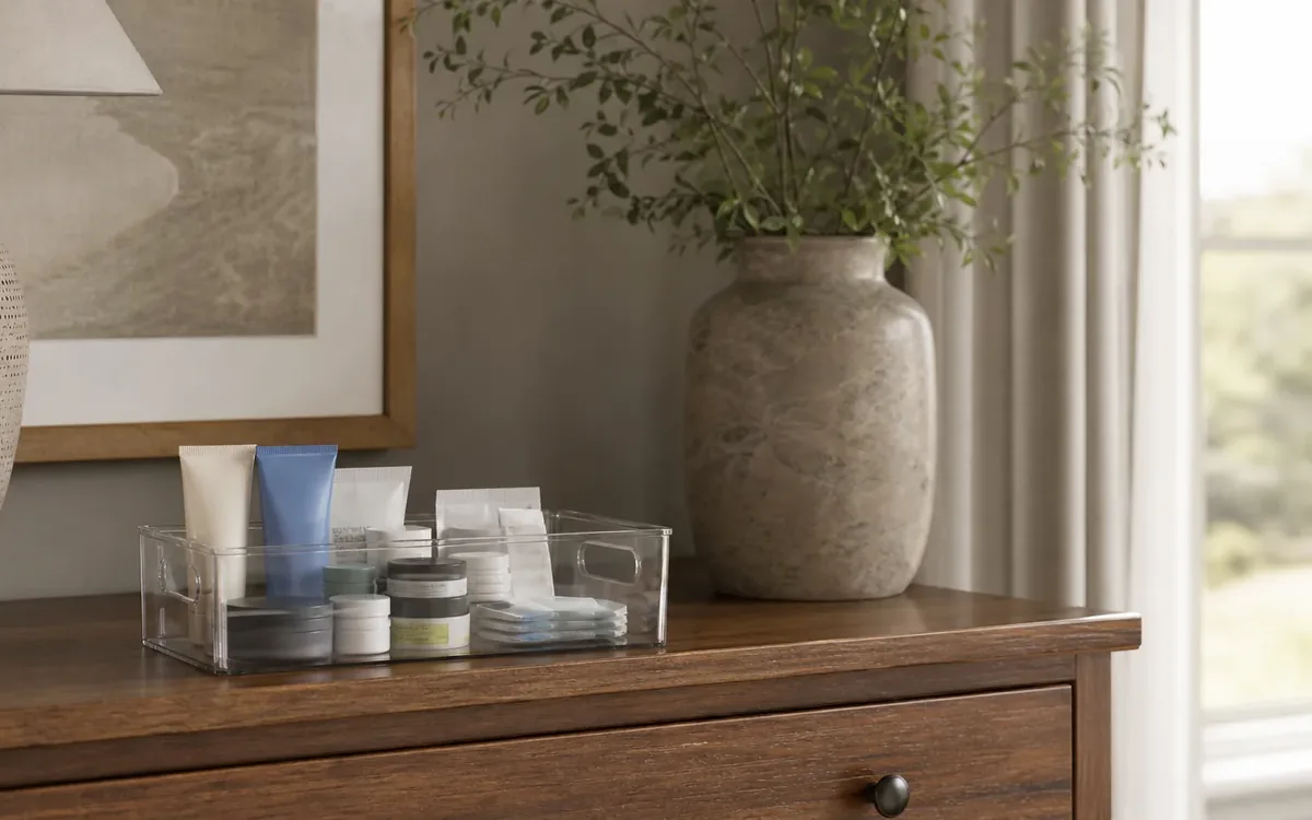 A clear organizer holds small toiletry tubes, jars, and packets on a wooden dresser beside a vase of leafy branches.