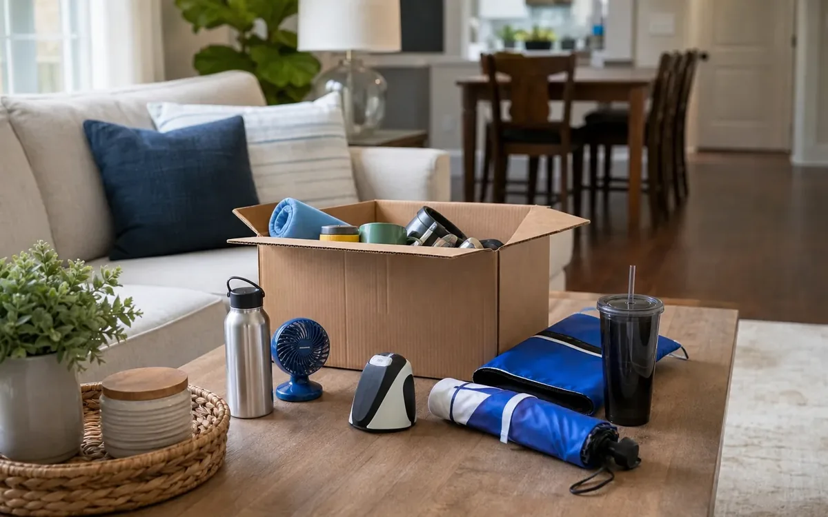 An open cardboard box of assorted items sits on a coffee table beside a metal bottle, small fan, tumbler and folded umbrella.