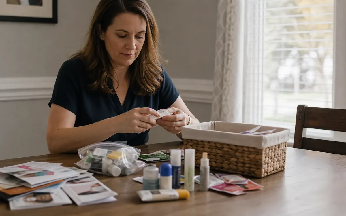 A woman sorts small sample packets at a wooden table with toiletries, paper leaflets, a clear bag, and a woven basket.
