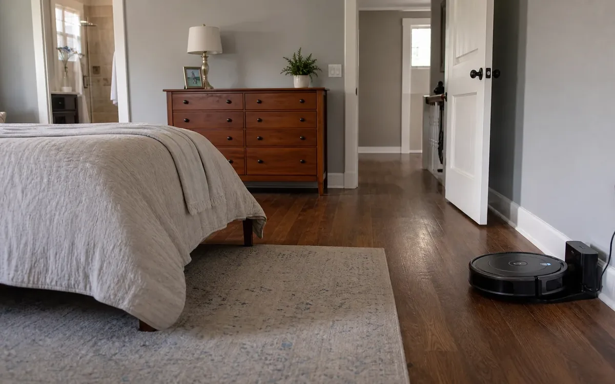 A black robot vacuum sits at its charging dock against a bedroom wall, beside an outlet and clear of the doorway.
