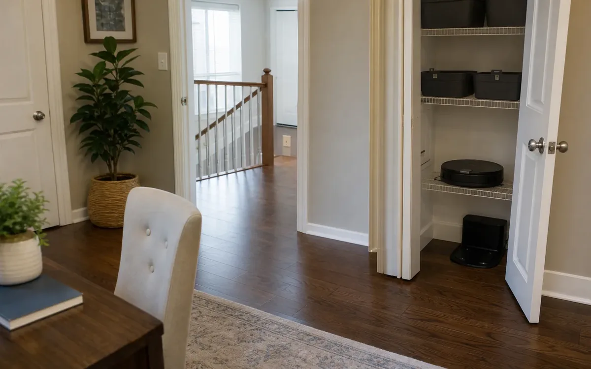 An open closet holds a robot vacuum on a wire shelf, black storage bins above, and a charging dock on the floor beside a dining area.