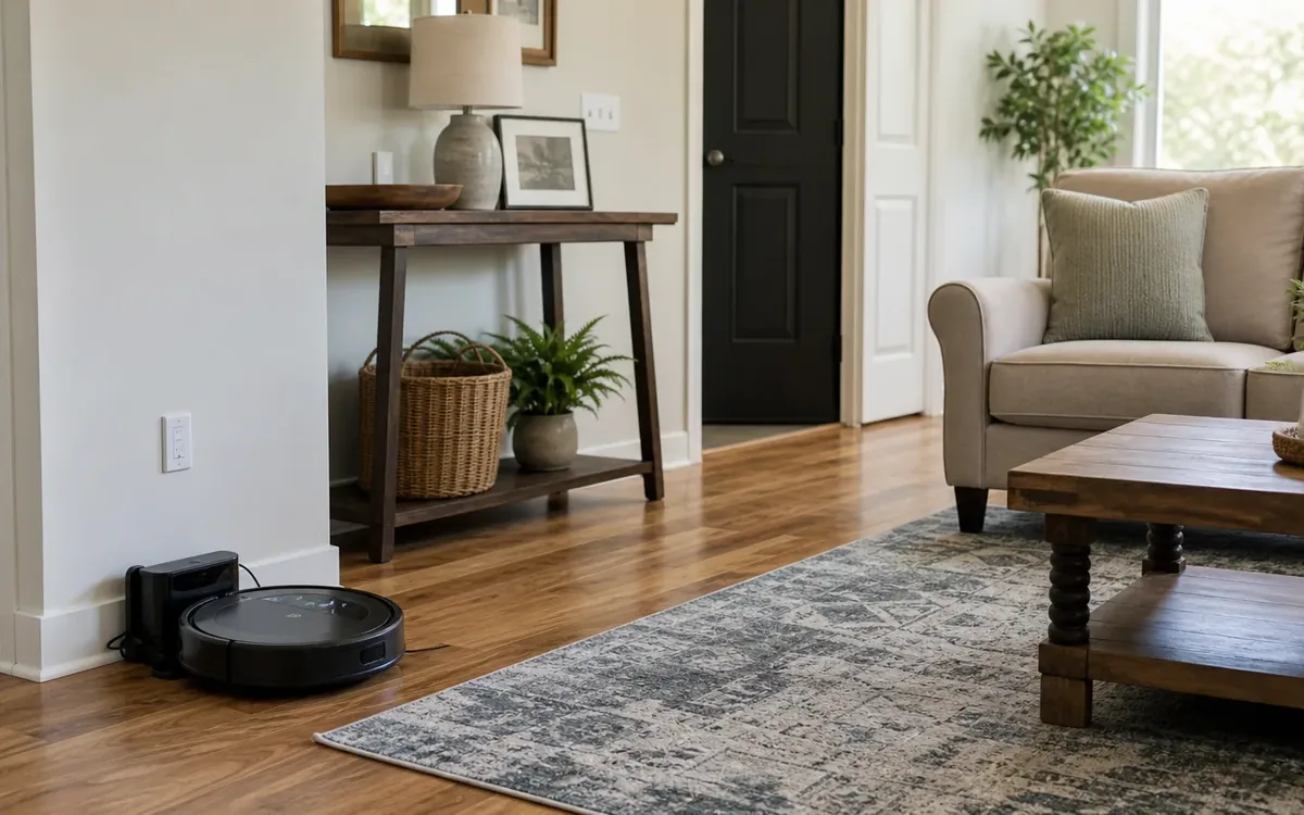 A black robot vacuum sits at its charging dock against a living room wall beside a patterned rug and wooden console table.