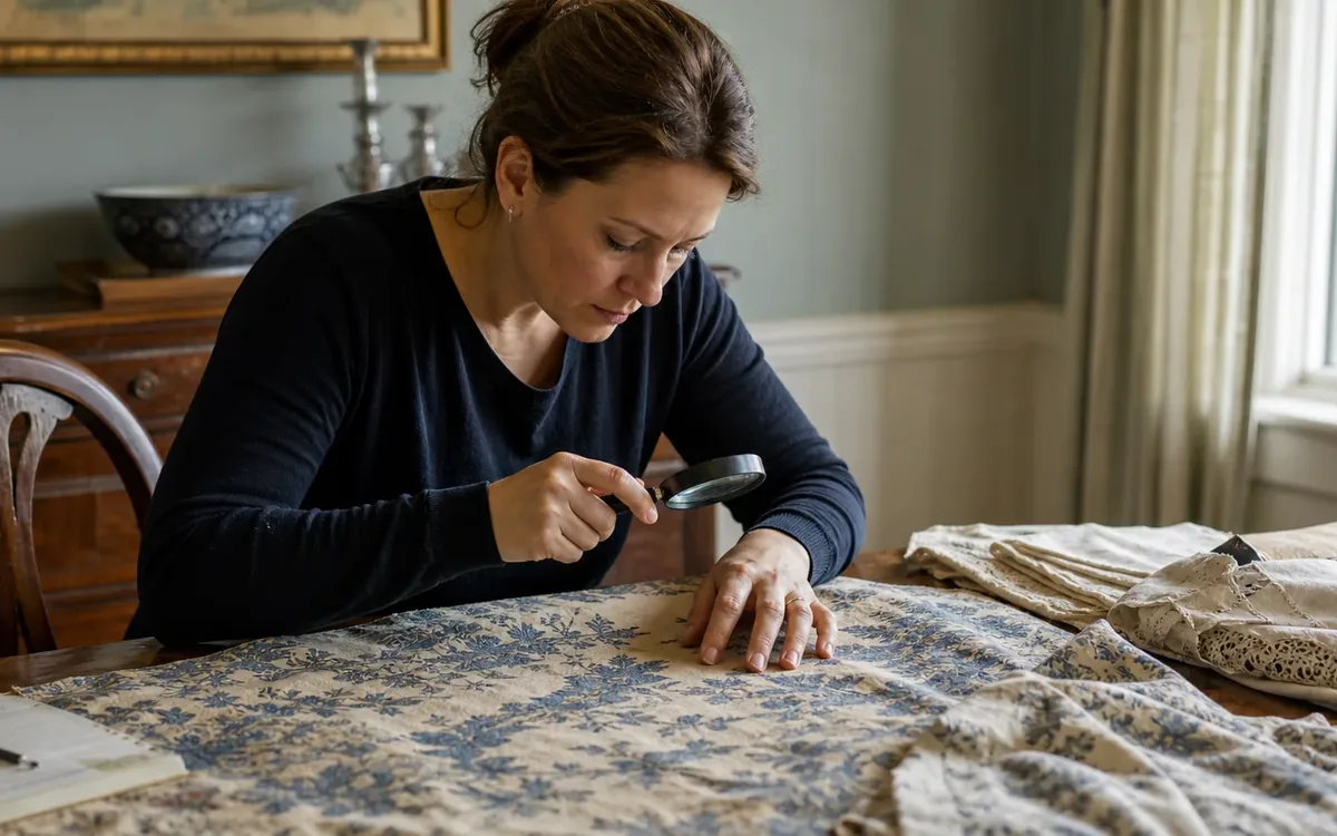 A woman examines blue floral fabric with a magnifying glass at a wooden table beside folded lace textiles and a notebook.