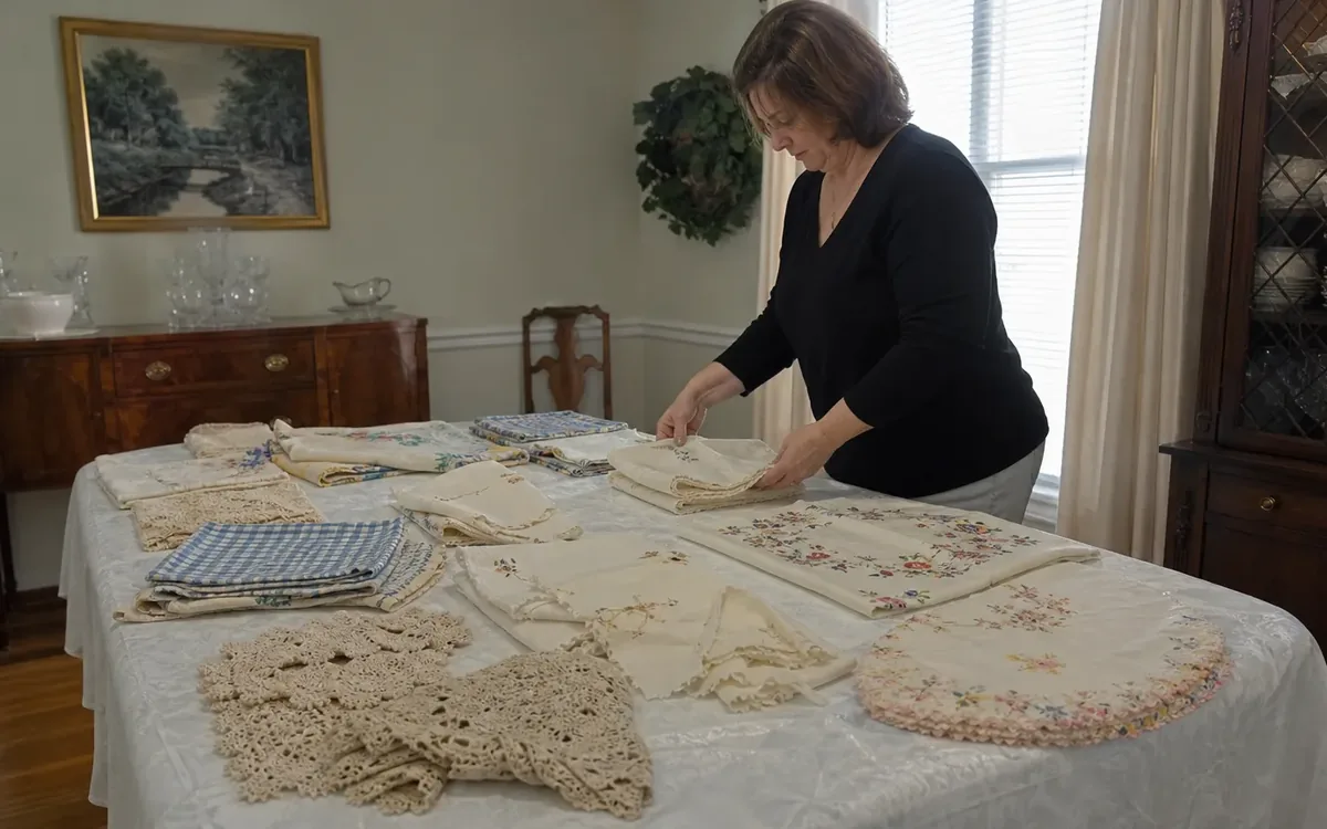 A woman arranges folded linens on a dining table covered with embroidered textiles, blue checked fabric, and crocheted doilies.