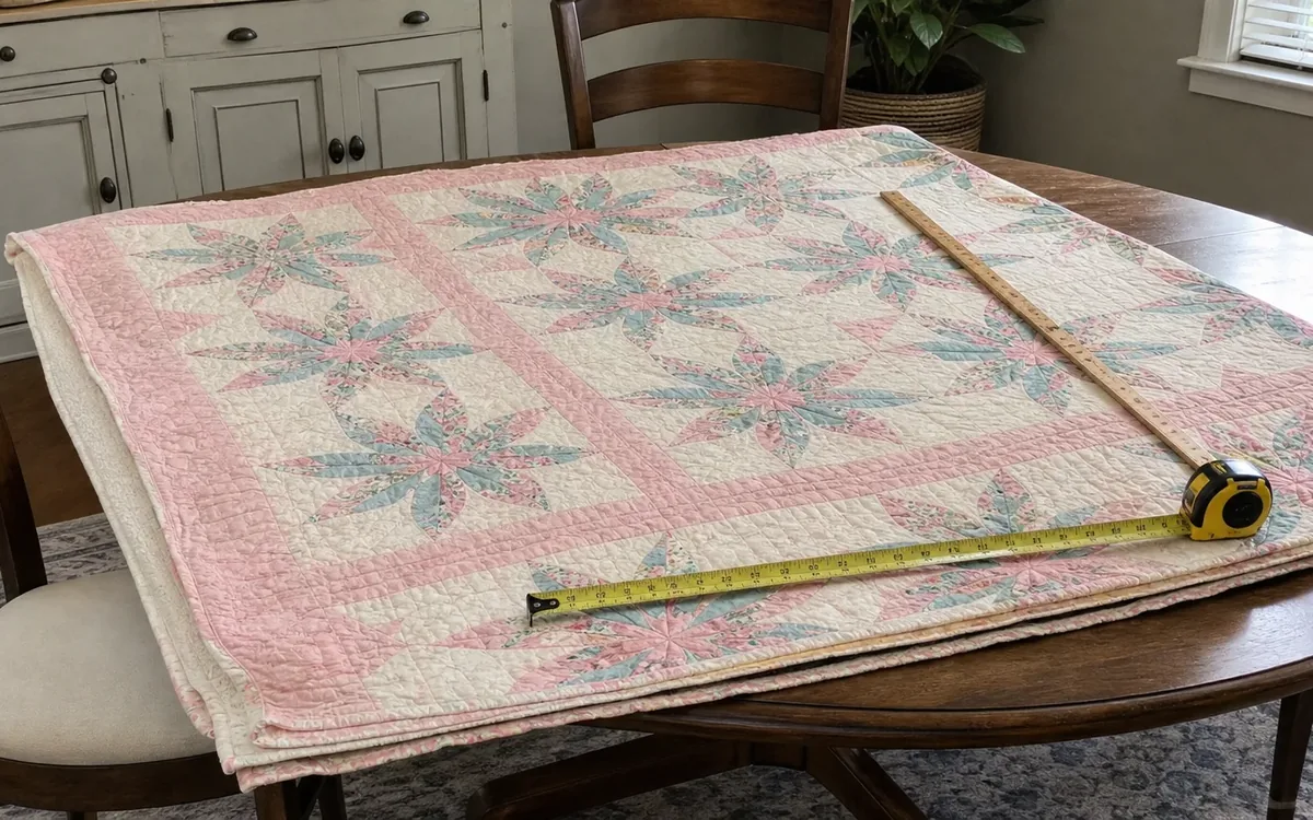 A pink, cream and pale blue patchwork quilt lies on a wooden dining table with an extended tape measure and wooden ruler.