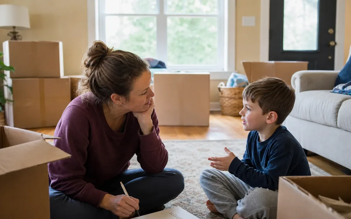 A woman writes on a notepad while talking with a young boy seated among moving boxes in a living room.