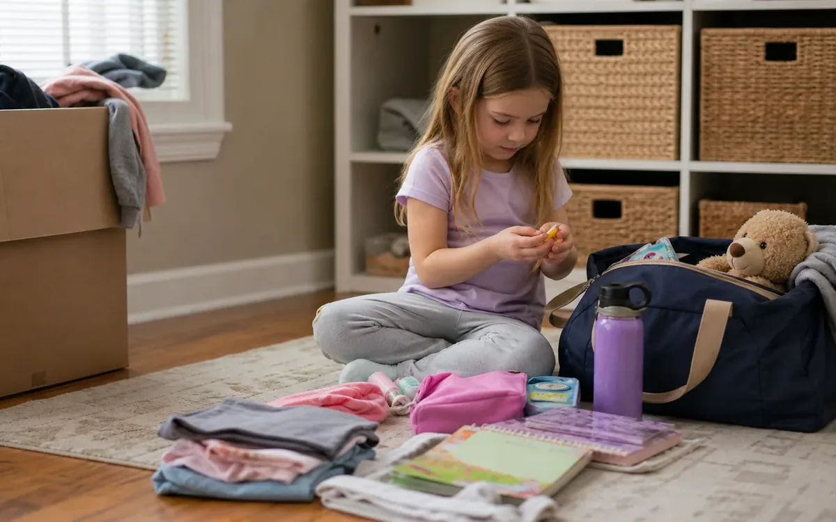 A girl packs clothes, notebooks, a water bottle, and a teddy bear into a moving-day essentials bag beside boxes.