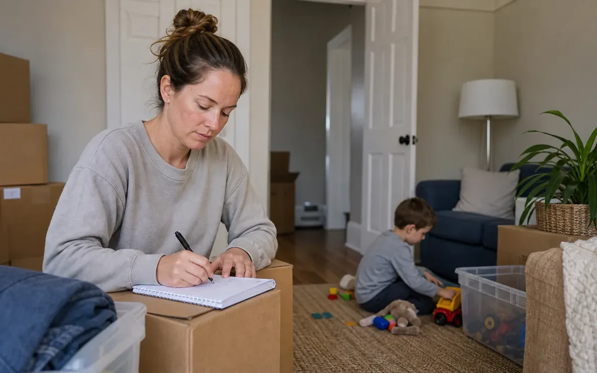 A woman writes in a notebook on a moving box while a young boy plays with toys among packed boxes.
