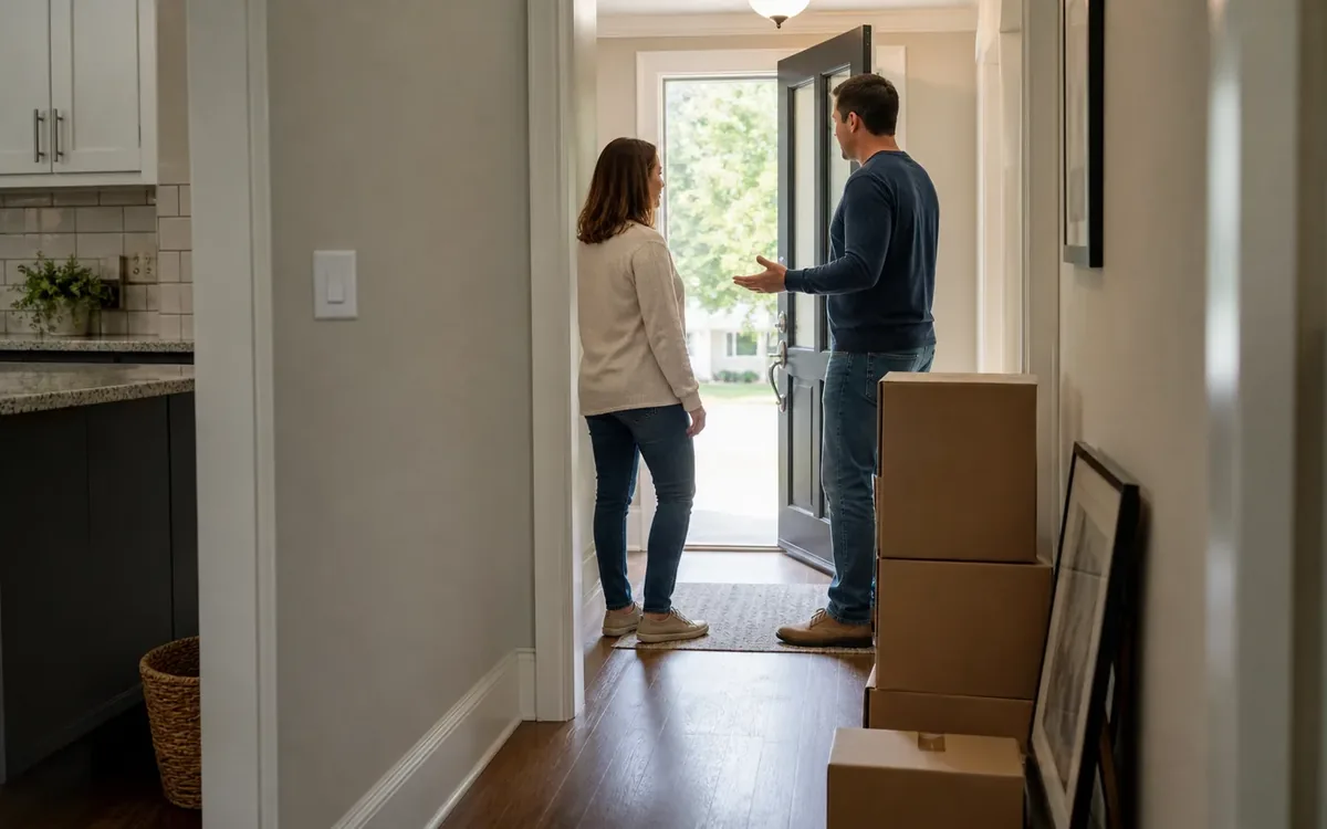 Two people talk beside an open front door, with stacked moving boxes and framed artwork in the hallway.
