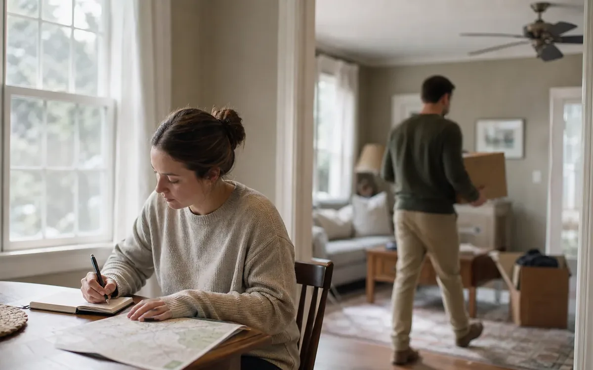 Woman writes in a notebook beside a large map while a man carries a cardboard box through a partly packed home.