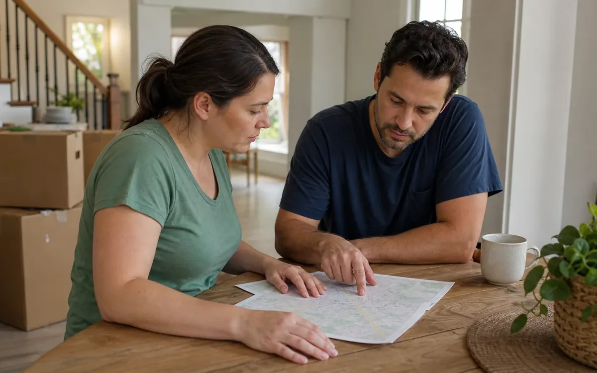 A couple studies a street map at a table beside moving boxes while planning parking and logistics for move day.